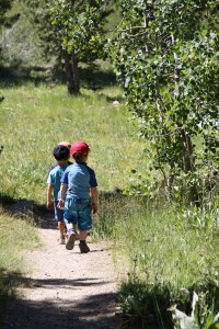 Rowan and Emerson walking down the trail.