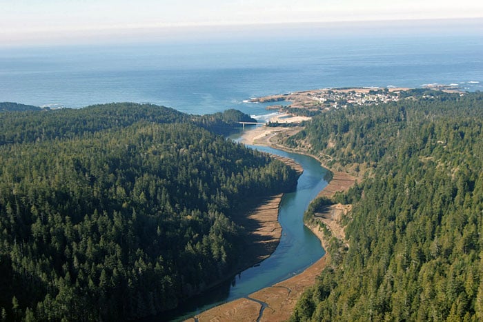 You helped protect Big River-Mendocino Old-Growth Redwoods, pictured in the upper left, near the town of Mendocino in the upper right. Photo by birchardphoto.com