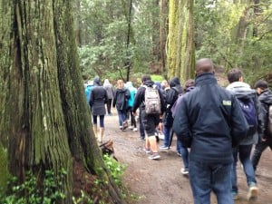 Students hit the trail in the Oakland Hills as part of a redwood field trip with Save the Redwoods League.