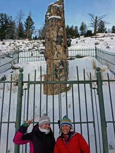 Megan Ferreira and I stand next to one of Yellowstone's remarkable petrified redwoods.