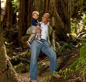 League Councilor Blake Williams shares his enthusiasm for the redwoods with his child. Photo by Paolo Vescia