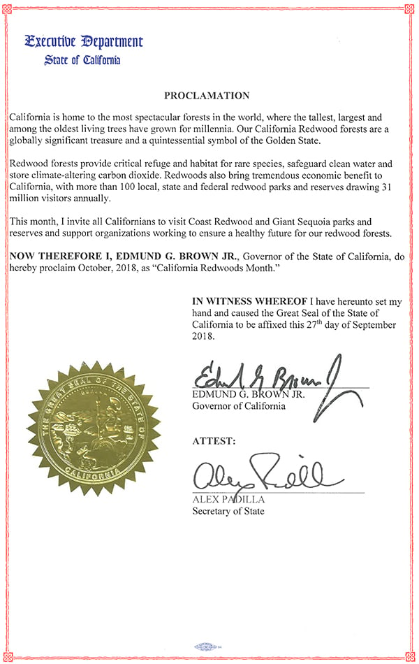 2018 California Redwoods Month proclamation