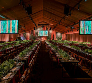 A long hall filled with elegant tables set for dining, decorated with ferns, warm lighting, and LED screens displaying redwood forests.