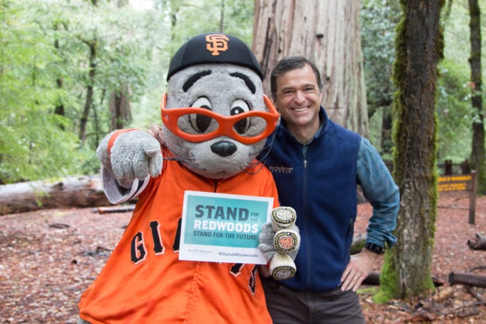 Giants mascot Lou Seal and League President Sam Hodder together at Big Basin Redwoods State Park. Photo by Mike Kahn, Save the Redwoods League