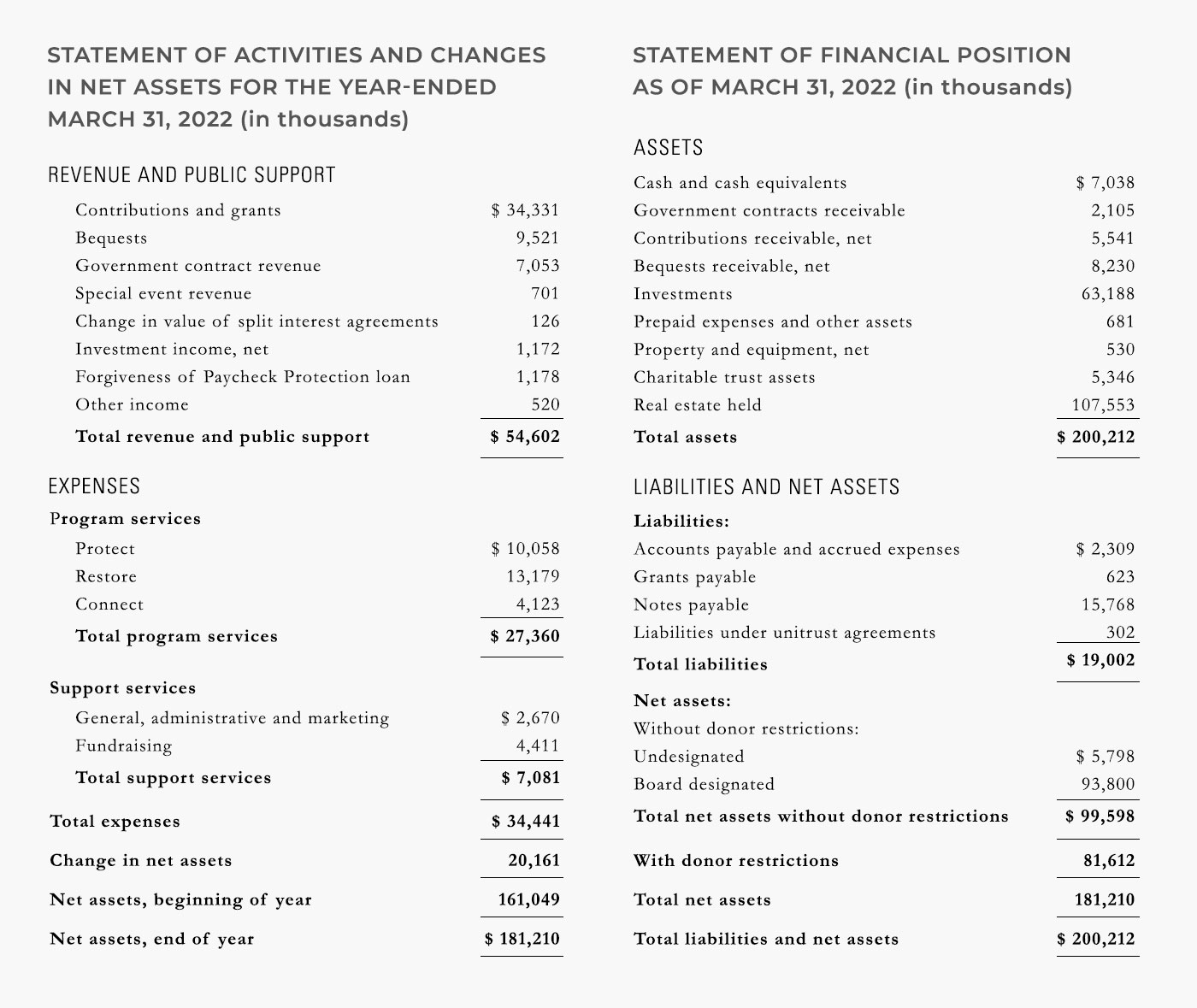 Statement of activities and statement of financial position