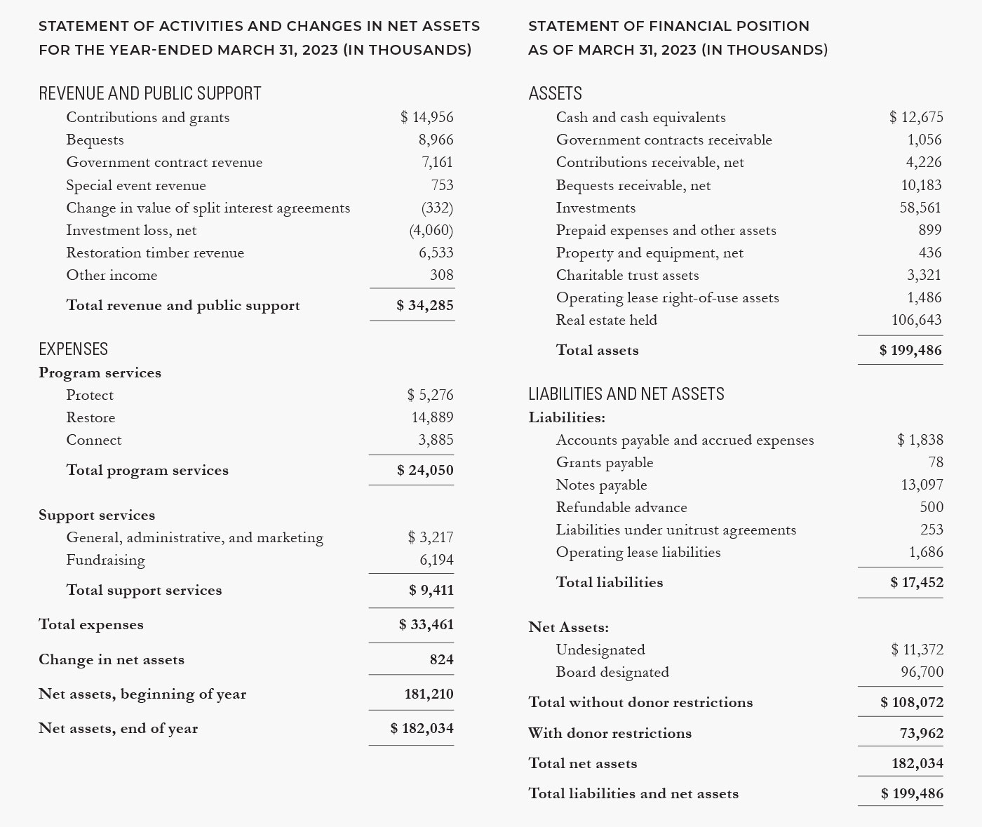 Statement of activities and statement of financial position