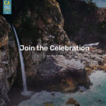 An image of a waterfall over a craggy cliff onto a hidden beach cove with out of focus foliage in the foreground, a teal logo with yellow and white text reading CA State Parks Week 2023 in the upper left and the words Join the Celebration, June 14 - 18, 2023 in white.