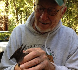 Longtime League Councillor and research advisor, Bill Libby, says hello to a squawking Steller's jay being studied at Big Basin State Park.