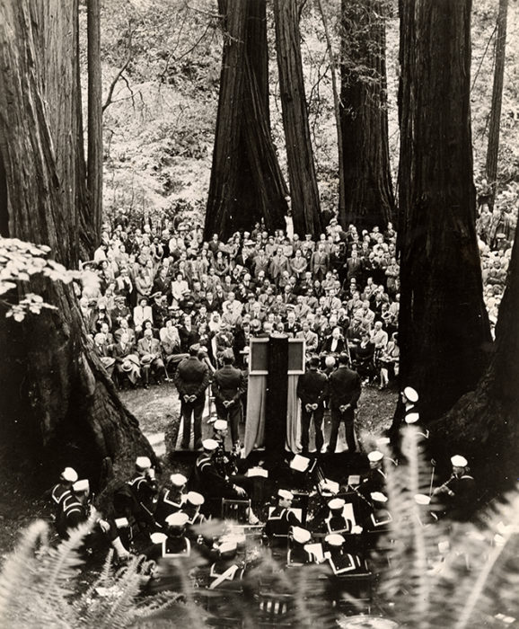 Muir Woods Commemorative Ceremony, May 9, 1945. Photo: James A. Lawrence [#8280]. Save the Redwoods League photograph collection, BANC PIC 2006.030-PIC, Carton 5. Courtesy of The Bancroft Library, University of California, Berkeley.