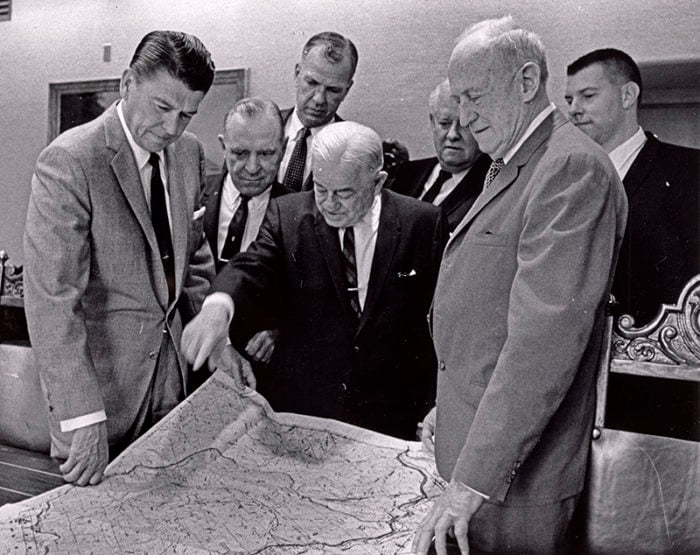 Presentation to Governor of CA of $7M Pepperwood Grove for addition to Humboldt Redwoods State Park, March 13, 1968. [Governor Regan; Frank Belotti, State Assembly;  Norman B. Livermore, Resources Administrator; Newton B. Drury, Secretary,  Save the Redwoods League; Randolph Collier, State Senator; Ralph Chaney, President, Save the Redwoods League; John B. Dewitt, Assistant to the Secretary, Save the Redwoods League.] Save the Redwoods League photograph collection [graphic], BANC PIC 2006.030--PIC, Carton 2. Courtesy of The Bancroft Library, University of California, Berkeley.