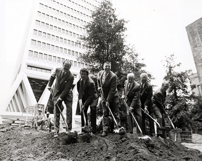 First tree planted in Transamerica Pyramid Redwood Park, June 12, 1973. John Chase, VP Corporate Relations, Transamerica Corp.; Tony Guzzardo, Anthony M. Guzzardo & Assoc., Landscape Architect; John Dewitt, Secretary, Save the Redwoods League; Newton B. Drury, President, Save the Redwoods League; Leo Hewlett, President, California Redwood Association; Keith Lanning, Exec. VP, California Redwood Association. Photo: Action Photo Service. Save the Redwoods League photograph collection. BANC PIC 2006.030--PIC, Carton 8. Courtesy of The Bancroft Library, University of California, Berkeley.