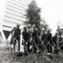 First tree planted in Transamerica Pyramid Redwood Park, June 12, 1973. [John Chase, VP Corporate Relations, Transamerica Corp.; Tony Guzzardo, Anthony M. Guzzardo & Assoc., Landscape Architect; John Dewitt, Secretary, Save the Redwoods League; Newton B. Drury, President, Save the Redwoods League; Leo Hewlett, President, California Redwood Association; Keith Lanning, Exec. VP, California Redwood Association.] Photo:  Action Photo Service. Save the Redwoods League photograph collection [graphic], BANC PIC 2006.030–PIC, Carton 8. Courtesy of The Bancroft Library, University of California, Berkeley.