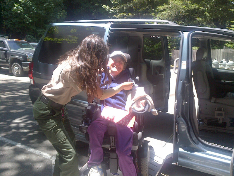 Laurel Franklin, a Humboldt Redwoods State Park Interpreter, greeting Betty