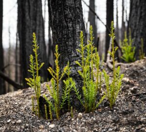 New growth on burned redwood trees