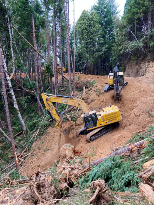 Heavy equipment operators working to remove an logging road in Redwood National and State Parks.
