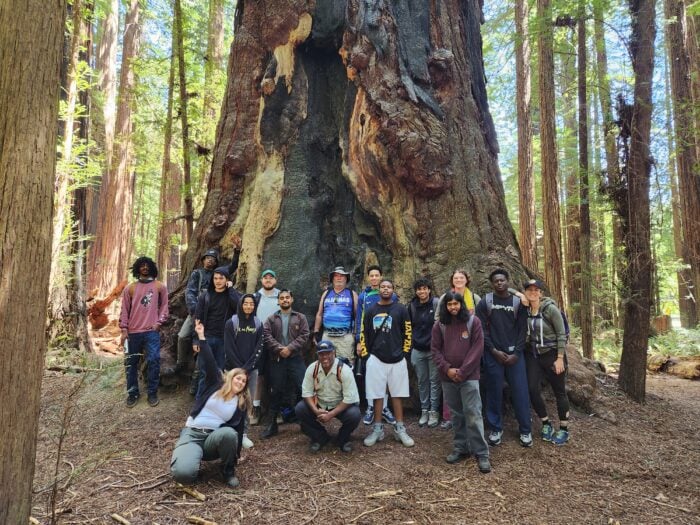 A diverse group of young people pose for a group photo in front of a large redwood tree