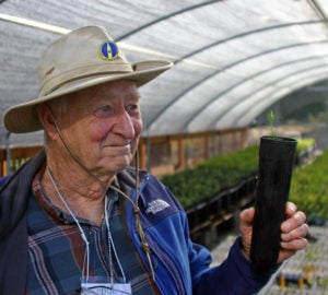 Bill Libby holds a seedling at the Mill Creek nursery in Del Norte Coast Redwoods State Park. Photo by Mark Bult