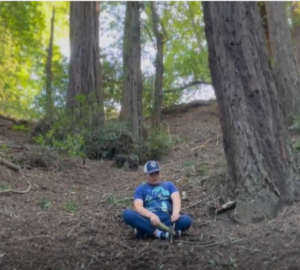 A child sits on the floor of a redwood forest