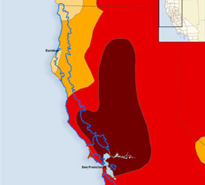 Map of drought severity in coast redwood range