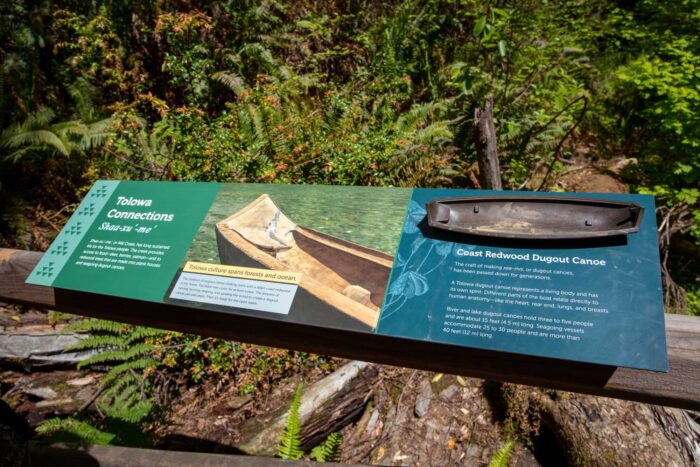 An interpretive sign with a tactile sculpture of a redwood dugout canoe describes the importance of these canoes to the Tolowa people.