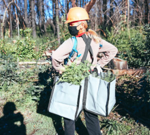 A woman wearing a hard hat and a pack of tree seedlings