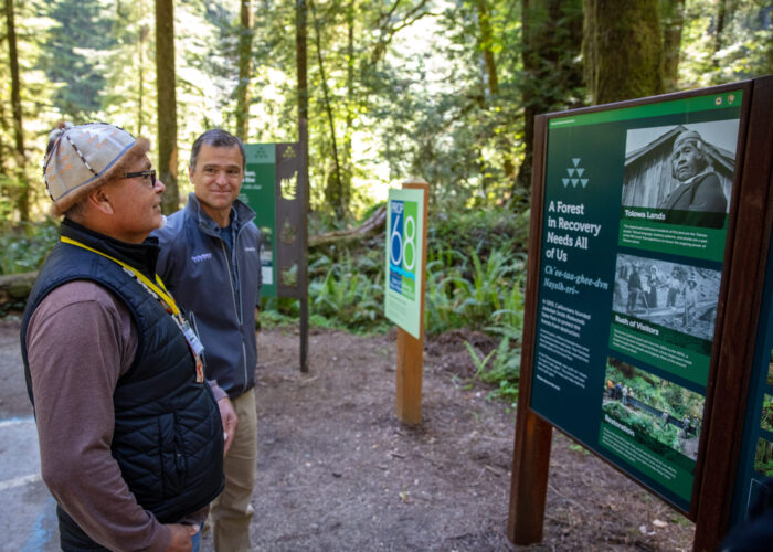 Two men talk in front of an interpretive panel in the forest, which describes aspects of the Tolowa culture.