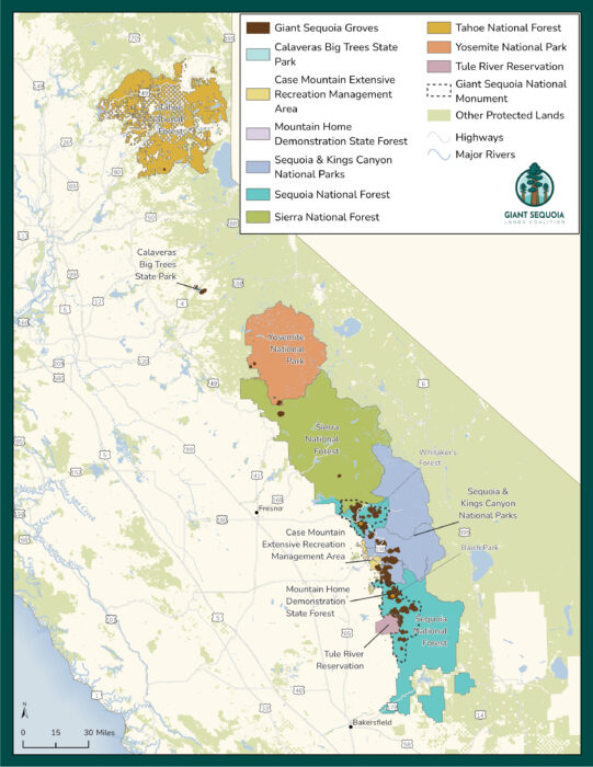 Map of giant sequoia groves and major land managers