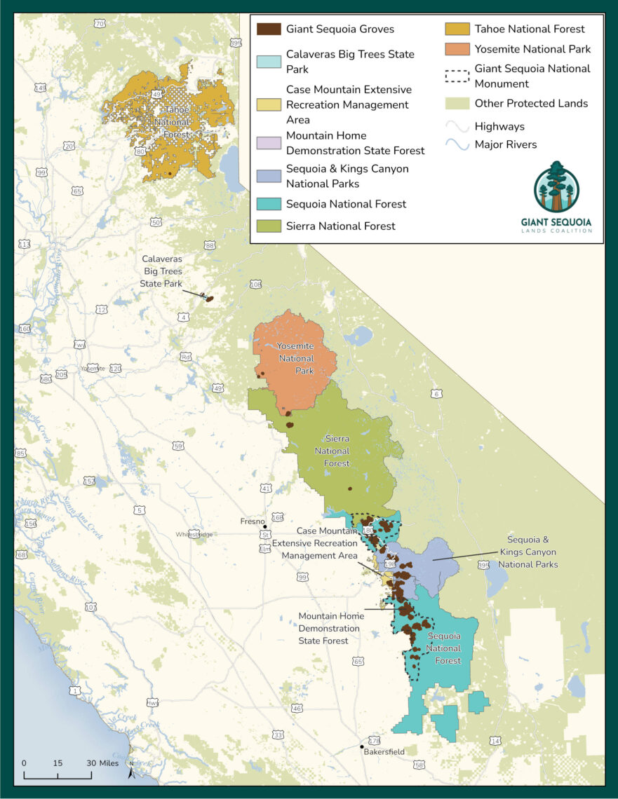 Map of giant sequoia groves and major land managers