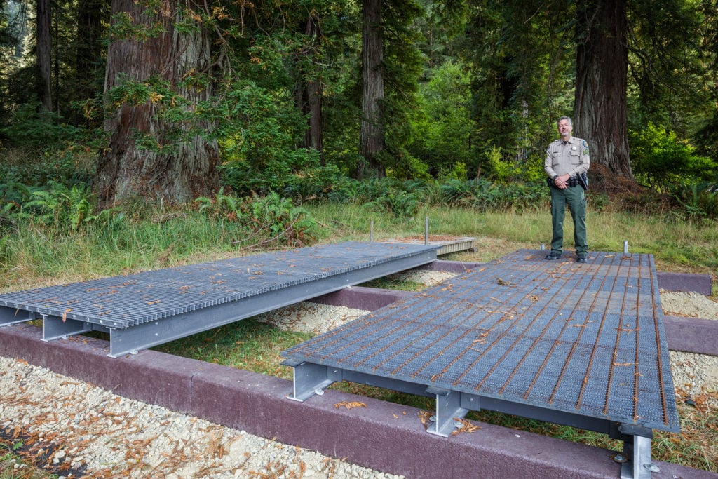Brett Silver, California State Parks Acting Sector Superintendent, stands on design samples for the elevated walkway which will provide visitor access to the Grove of Titans while protecting the sensitive habitat. Photo by Max Forster, @maxforsterphotography.
