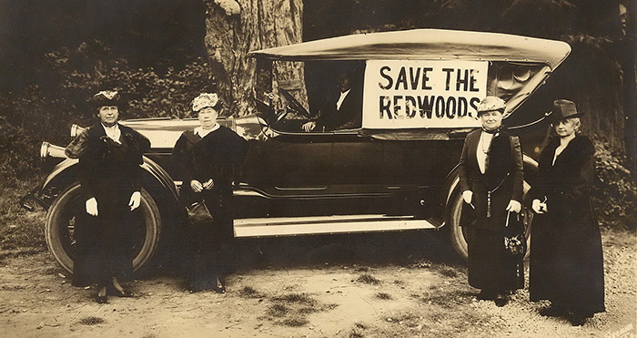 Women were an influential force in the growing movement to protect the redwood forest. Highly respected members of society, they used their prominence to raise support for the cause. From left, Mrs. A. J. Monroe, Mrs. Kate Harpst, driver Frank Silence, Mrs. T. Atkinson and Mrs. Fred Georgeson pause during a tour of Humboldt County. Freeman Art Company from Humboldt County Historical Society Collection