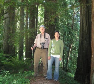 Charles Clarke visits Jedediah Smith Redwoods State Park with Sharon Rabichow, League Major and Planned Gifts Associate, to dedicate the Ella S. Clarke Memorial Grove in 2009.