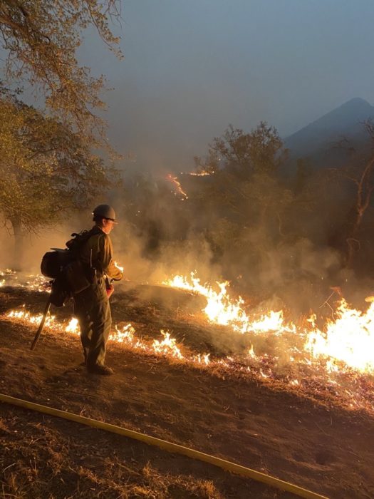 A firefighter stands next to fire burning on a ridge
