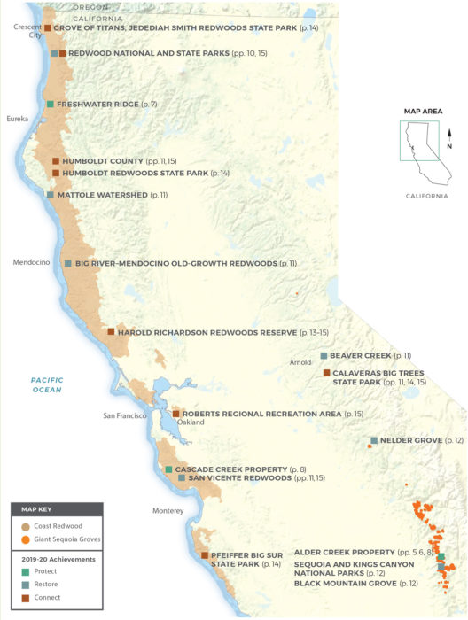 Map of Save the Redwoods League Achievements 2020