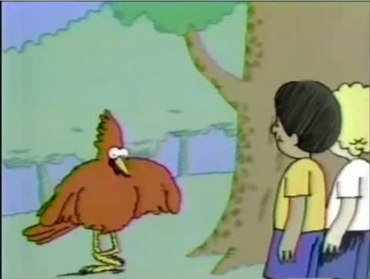A panel from an animated commercial showing a cardinal and two kids among trees