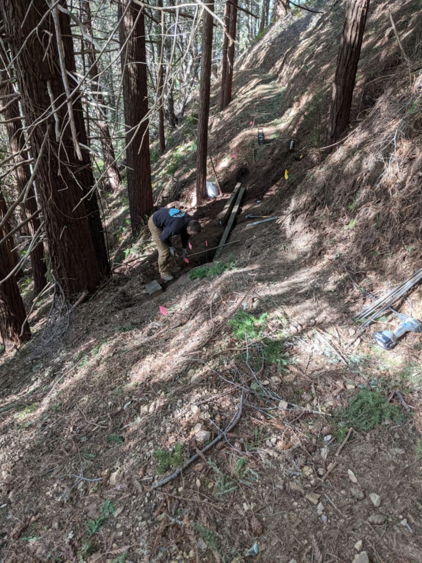 A person builds stairs on a trail in the forest