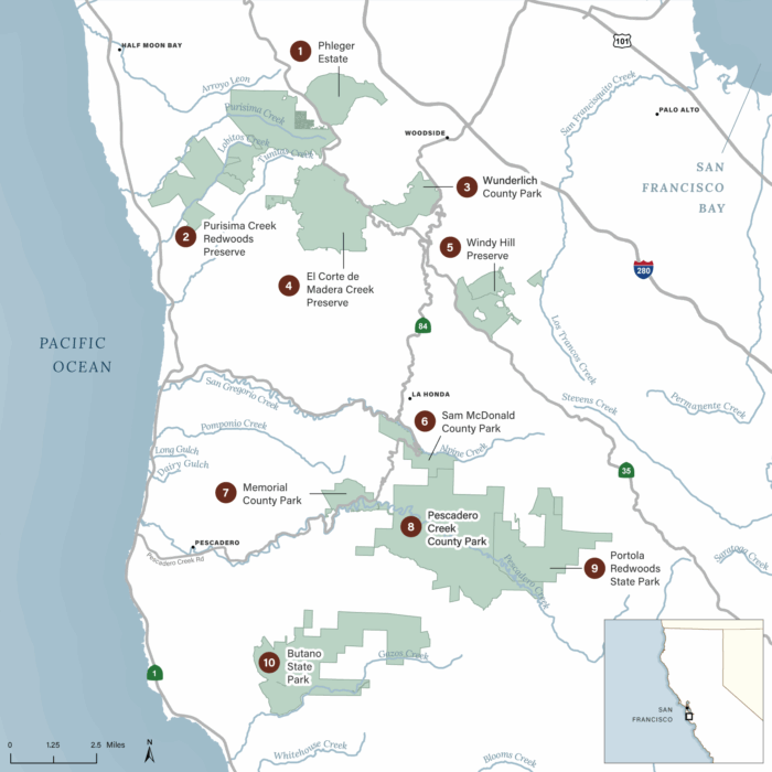 Map of 10 great redwoods parks on San Francisco's peninsula