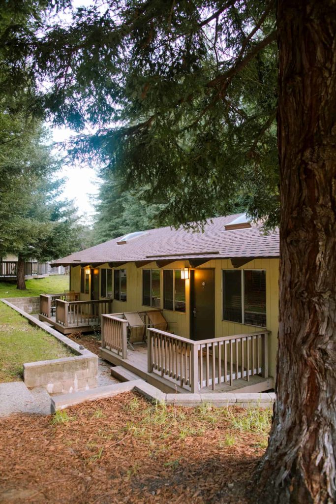 A two unit yellow cabin with back patios, red roofing, and sky lights provide a cozy shelter for campers.