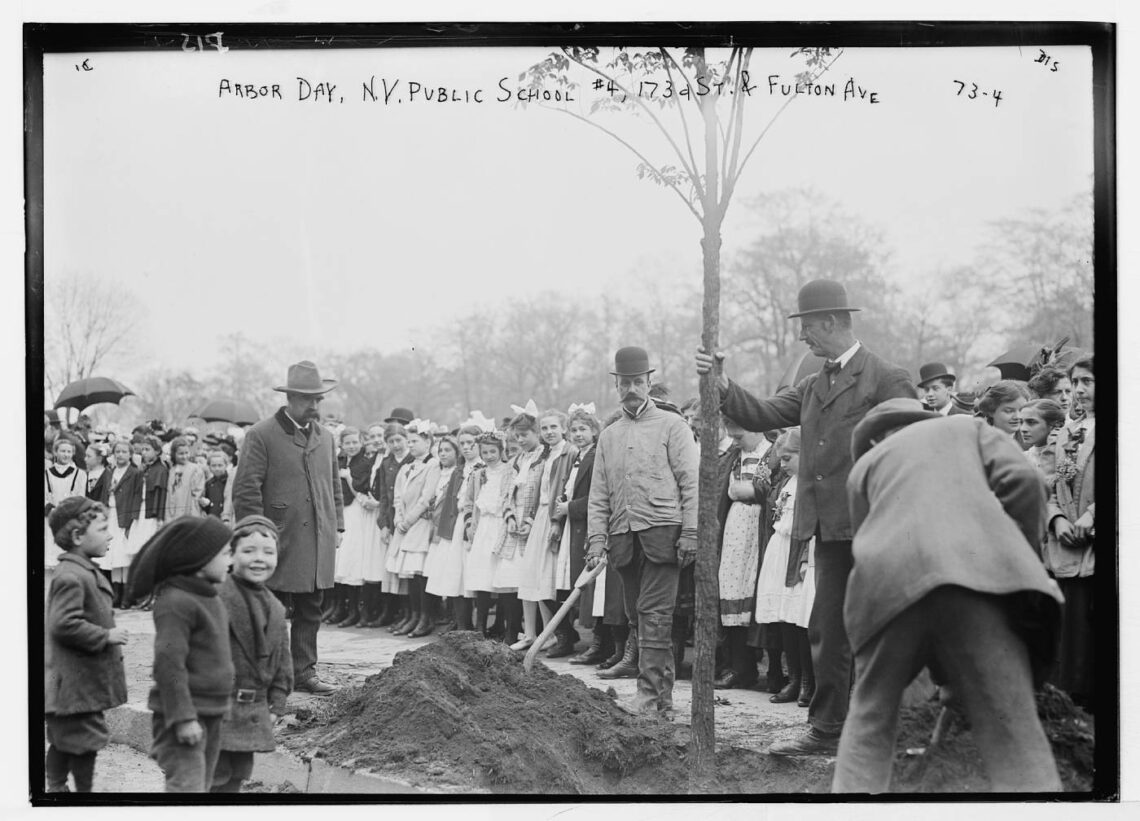 Adults plant a tree as dozens of schoolchildren watch in 1908.
