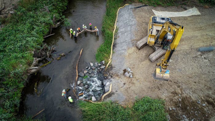 Overhead aerial view of a restoration project on the bank of Prairie Creek
