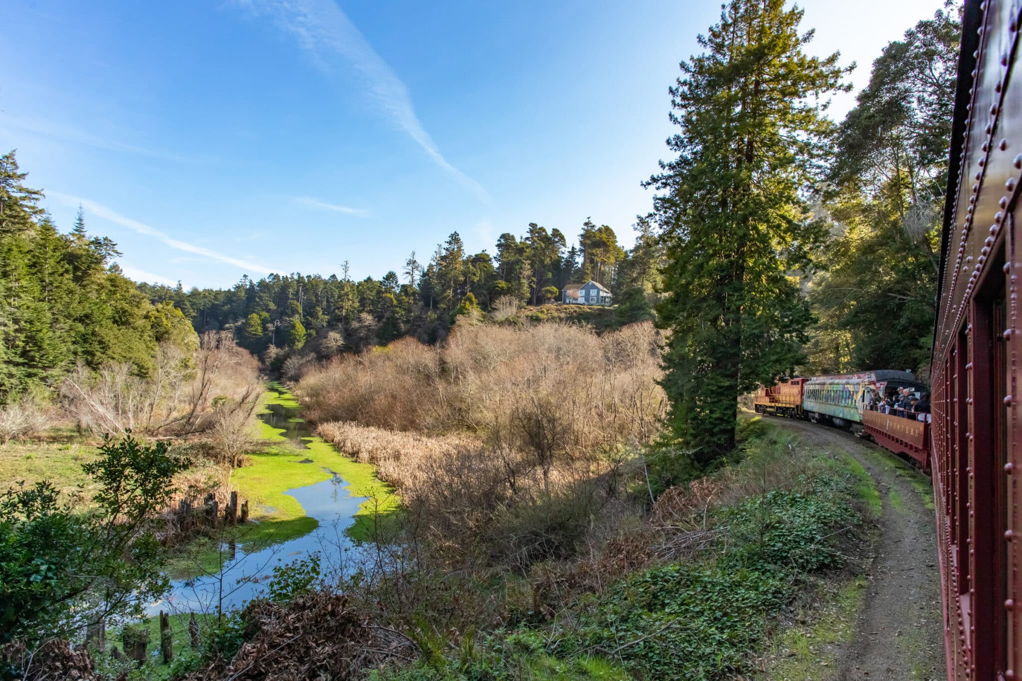 The Pudding Creek Express train curves past a section of the Pudding Creek Estuary that reflects the blue sky overhead.