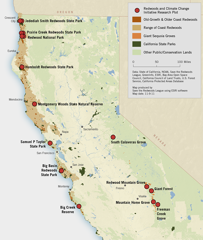 Redwood and Climate Change (RCCI) map of research plots.