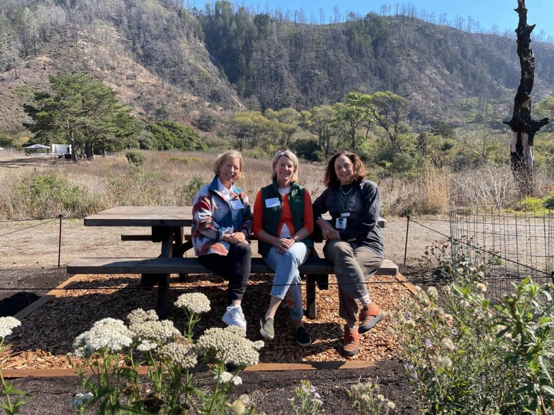 Three people sit on a picnic table. Flowers are in the foreground; mountains are in the background