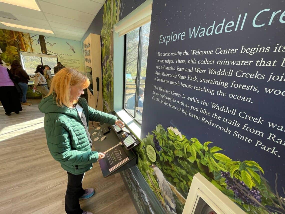 A person looks lifts the cover of an interactive exhibit to read what's underneath