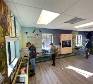 Three people look at exhibits