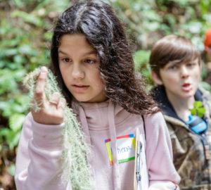A young student observing a linchen in the redwood forest