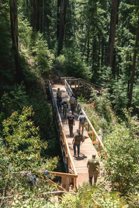 8 people crossing the pedestrian bridge, looking down from above
