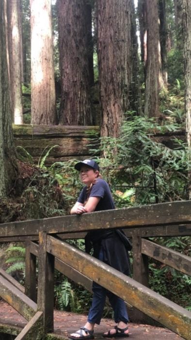A woman wearing a baseball cap, leaning against a wooden railing on a walkway in a redwood forest