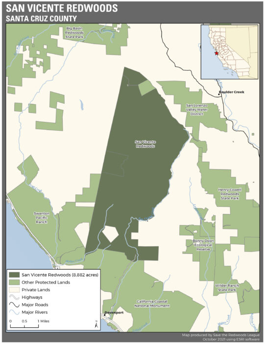 Location map of San Vicente Redwoods, near Davenport, California.