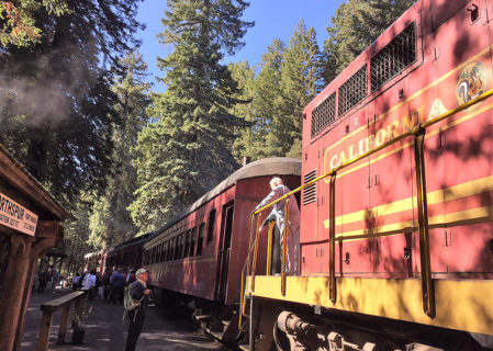 Michael Mecham, Redwood Legacy Member speaking with Train Conductor
