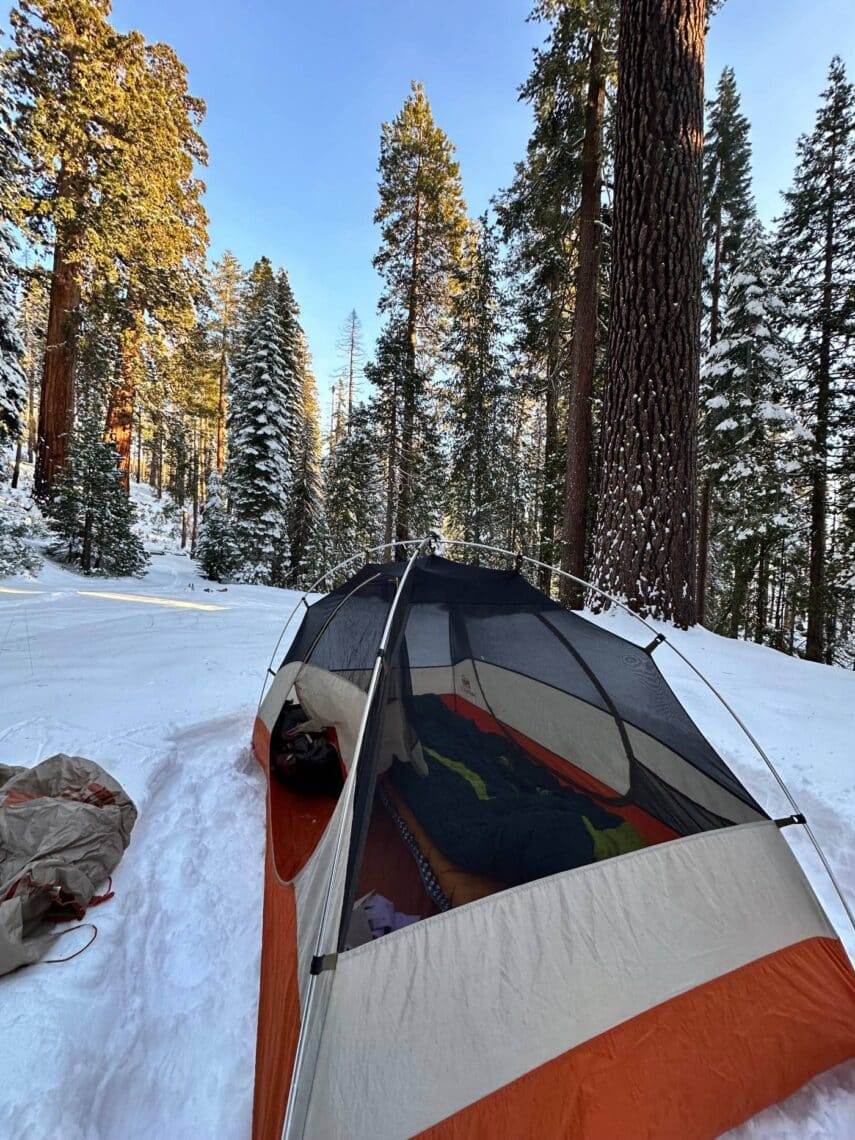 A backpacking tent stands in a snowy clearing in a mixed-conifer forest